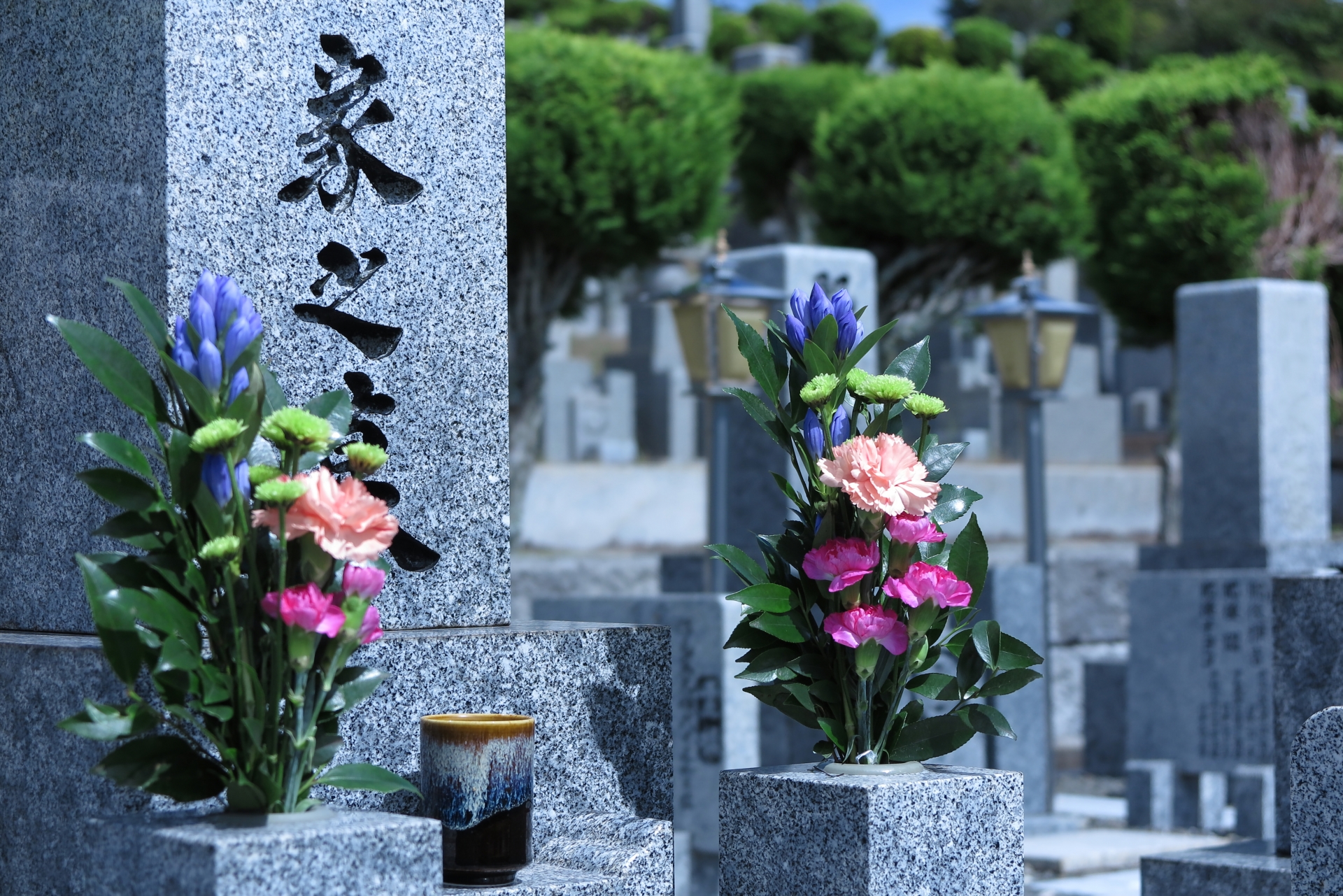 墓前に供えられた花と墓地